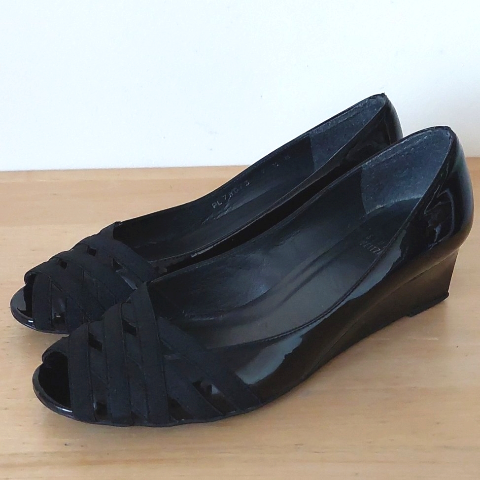Stuart Weitzman Open Toe Black Patent Leather Wedges
